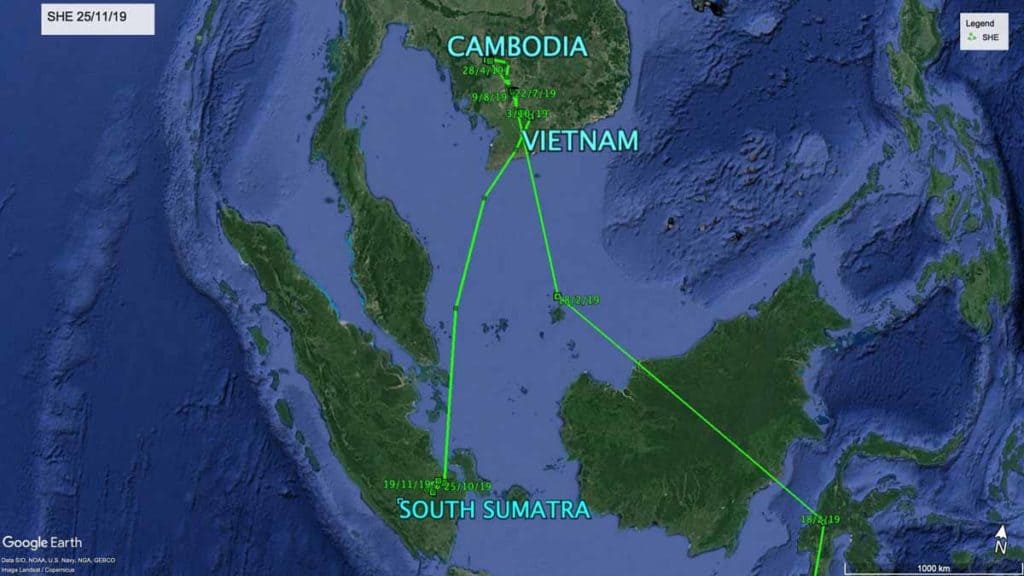 Map showing flight path of Oriental Pratincole, SHE, from Cambodia to South Sumatra, November 2019