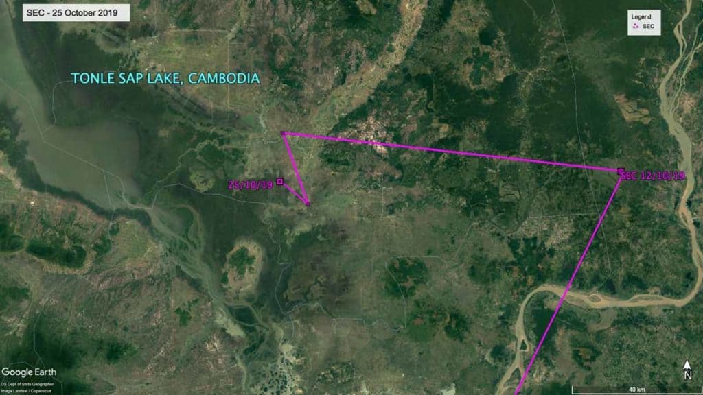 Map of Tonle Sap Reserve, Cambodia, showing location of ORiental Pratincole SHE on 25th October 2019