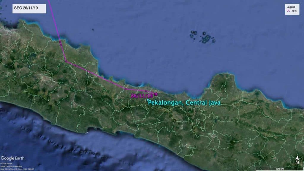 Close-up map of Pekanlongan, Central Java showing current location of Oriental Pratincole SEC 26th November 2019