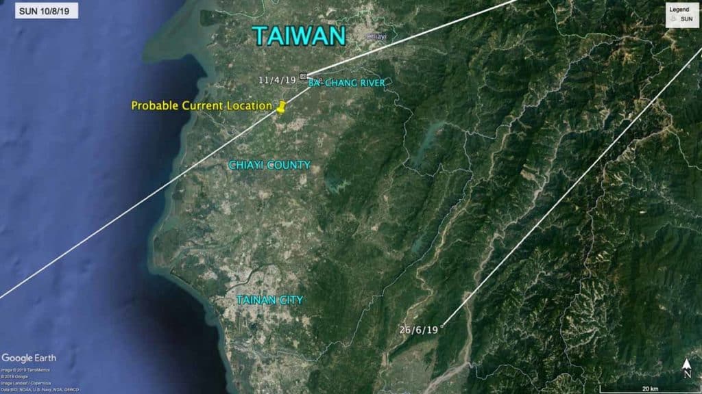 Map showing last known location of Oriental Pratincole, SUN, in Taiwan, 1st September 2019
