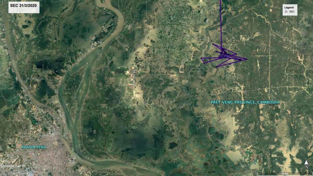Map showing local movements of Oriental Pratincole, SEC, in Prey Veng Province, Cambodia, March 31st 2020